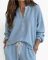 Beach Rose Co. light blue waffle knit two-piece lounge set with button-up top and drawstring pants.