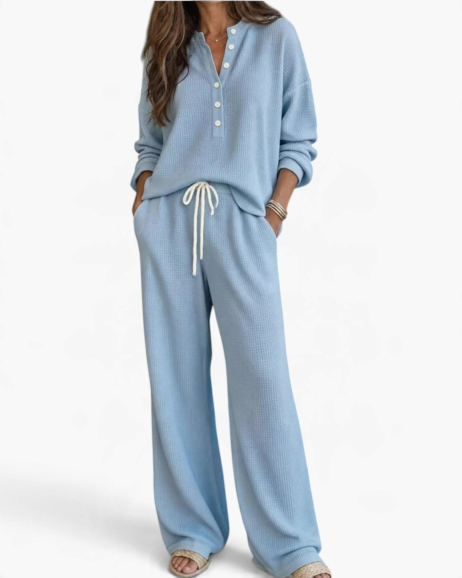 Beach Rose Co. light blue waffle knit two-piece lounge set with button-up top and drawstring wide-leg pants.