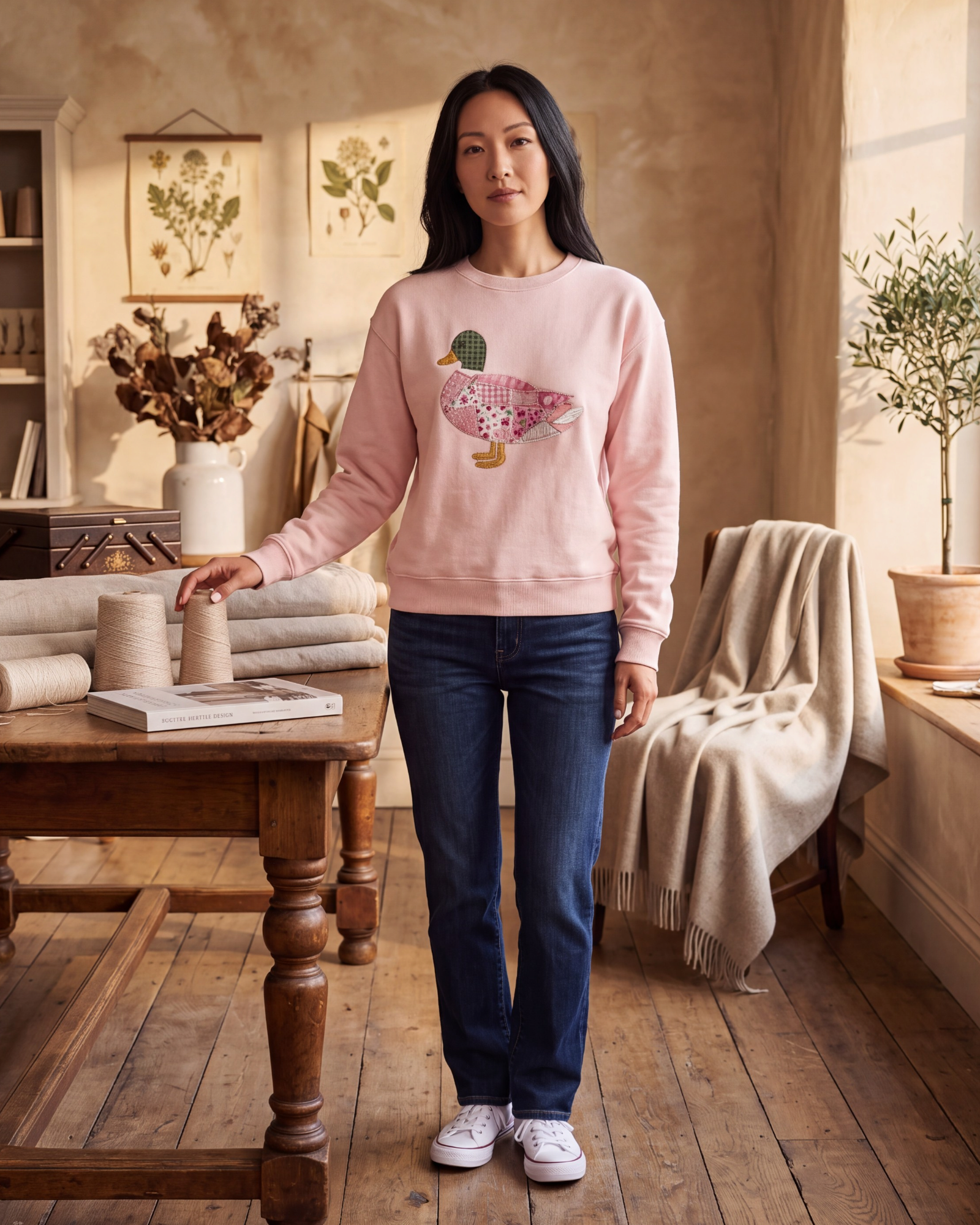 Beach Rose Co. blush pink mock neck sweatshirt with a patchwork duck motif, worn by a woman with jeans and sneakers.
