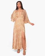 Beach Rose Co. bohemian maxi dress in shimmering gold lurex chiffon with a cape overlay and high leg slit