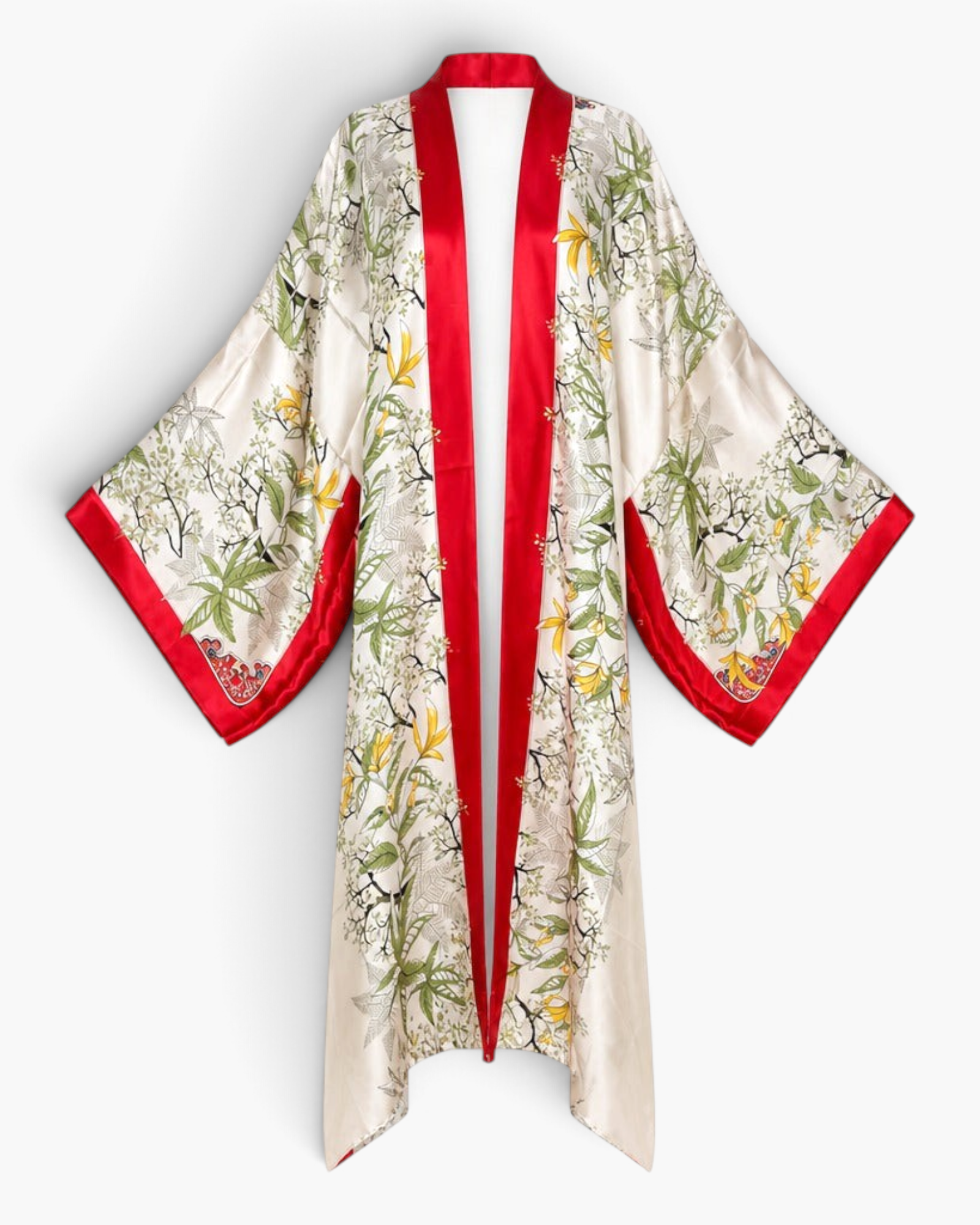 Beach Rose Co. Wanderlust boho print kaftan in cream polyester with vibrant floral patterns and red satin trim.