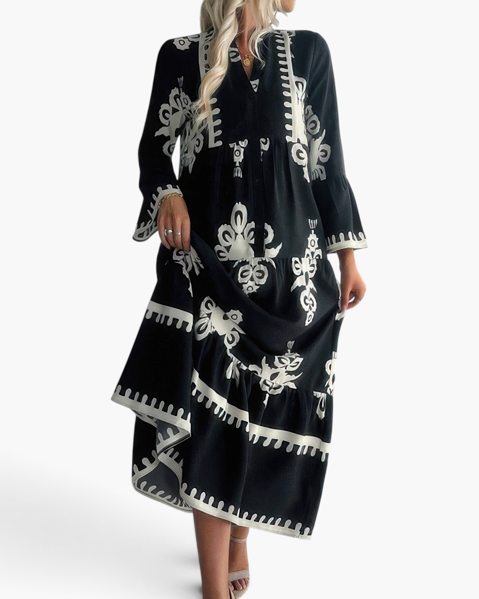 Beach Rose Co. black and white boho maxi dress with medallion print, tiered skirt, and three-quarter bell sleeves.