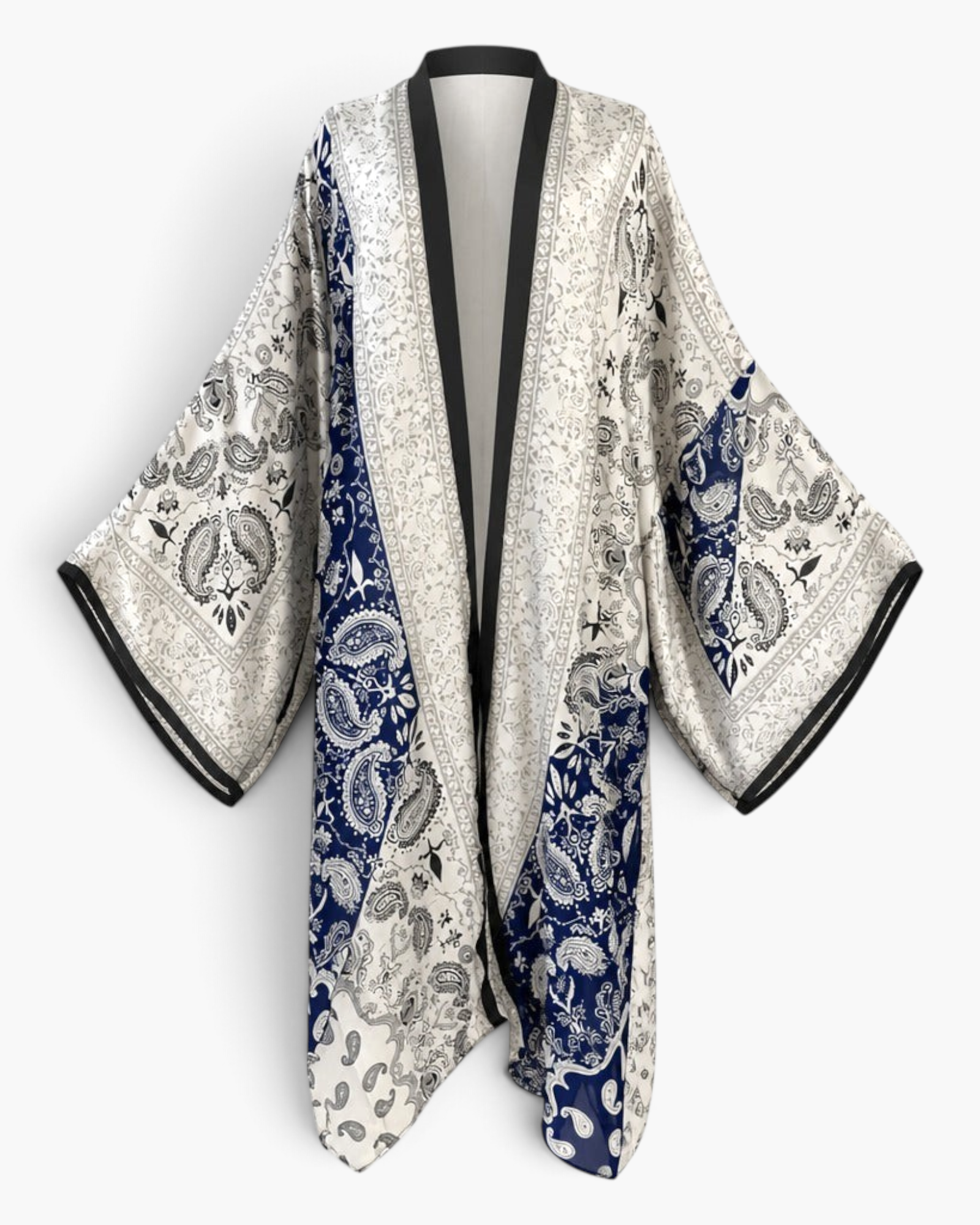Beach Rose Co. Wanderlust boho kaftan in lightweight polyester with a blue and white paisley print and black trim.