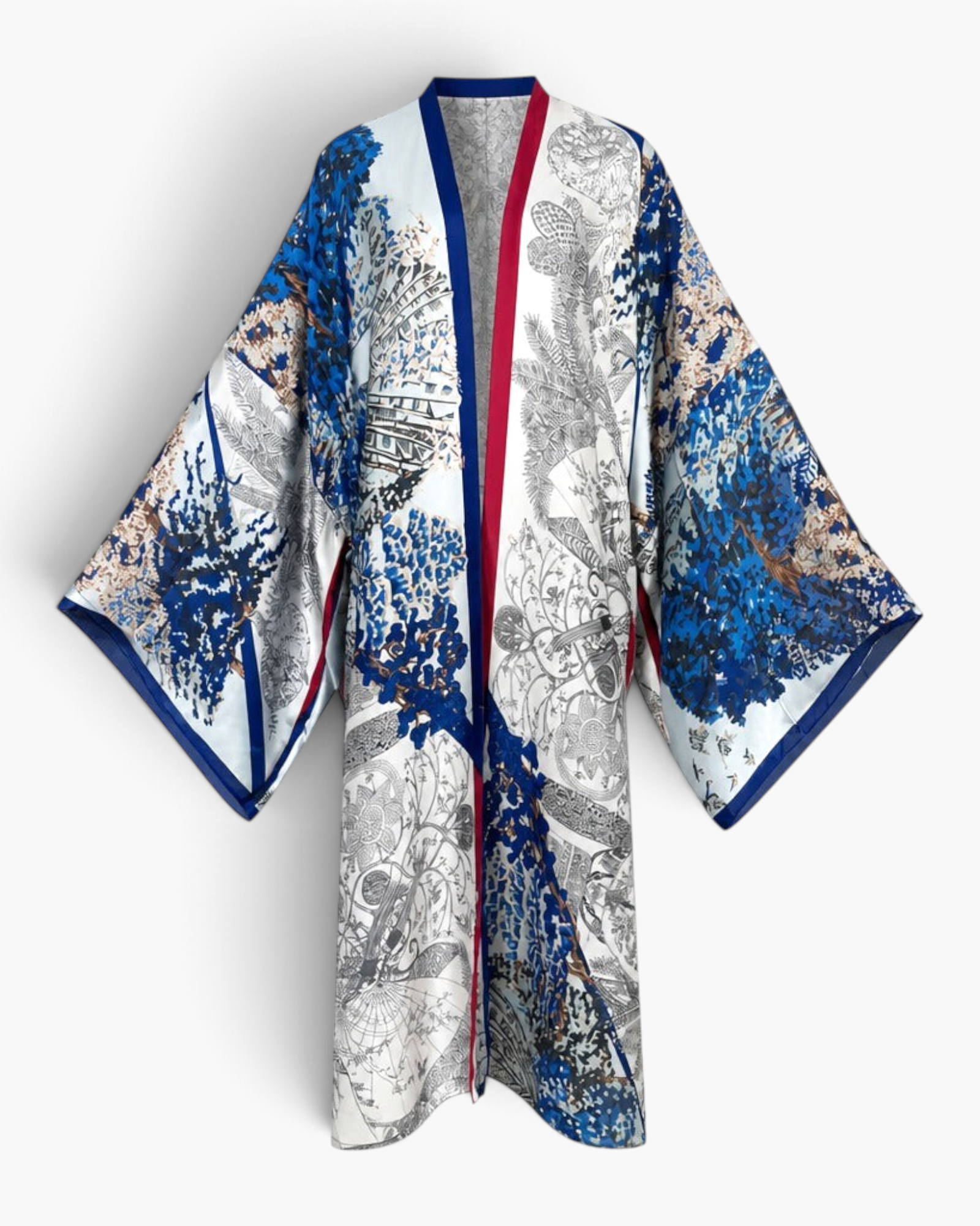 Beach Rose Co. Wanderlust kaftan featuring a vibrant blue, white, and black bohemian print in lightweight polyester.