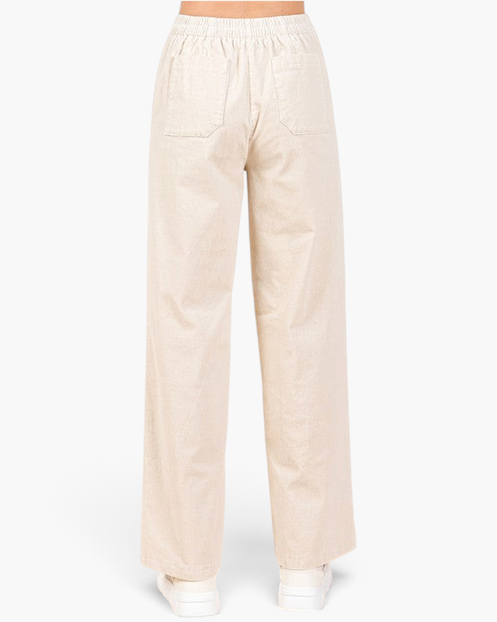 Beach Rose Co. bone corduroy wide-leg pants with an elasticized back waistband and patch pockets, back view.