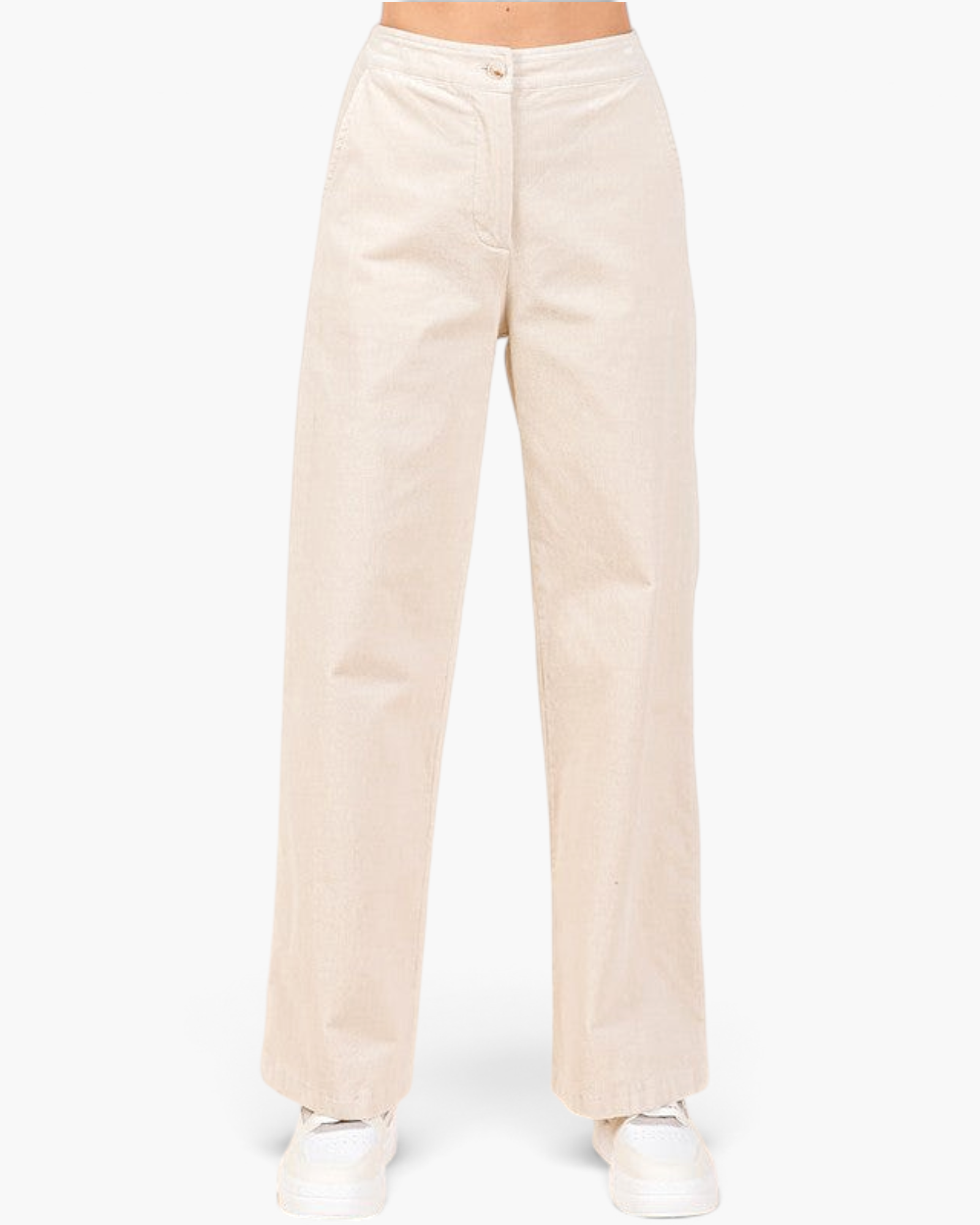 Beach Rose Co. bone corduroy wide-leg pants with a smooth front waistband and relaxed fit on a white background.