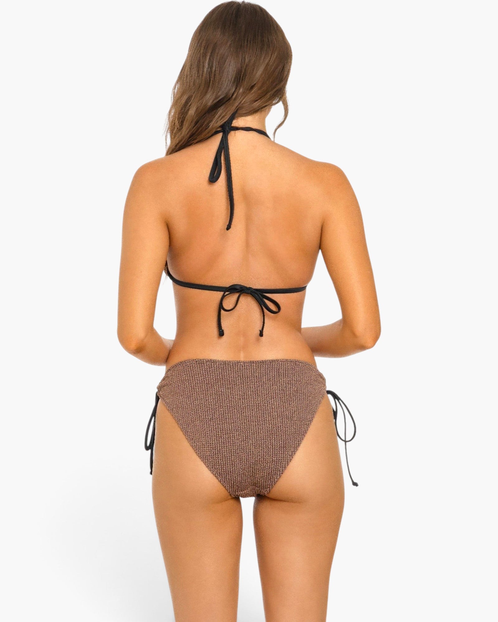 Beach Rose Co. Bronze Babe Bikini featuring a metallic bronze low-rise bottom with side ties and a black halter top.