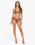Model wearing a Beach Rose Co. Bronze Babe Bikini, a shimmering bronze two-piece swimsuit with side ties and charm detail.