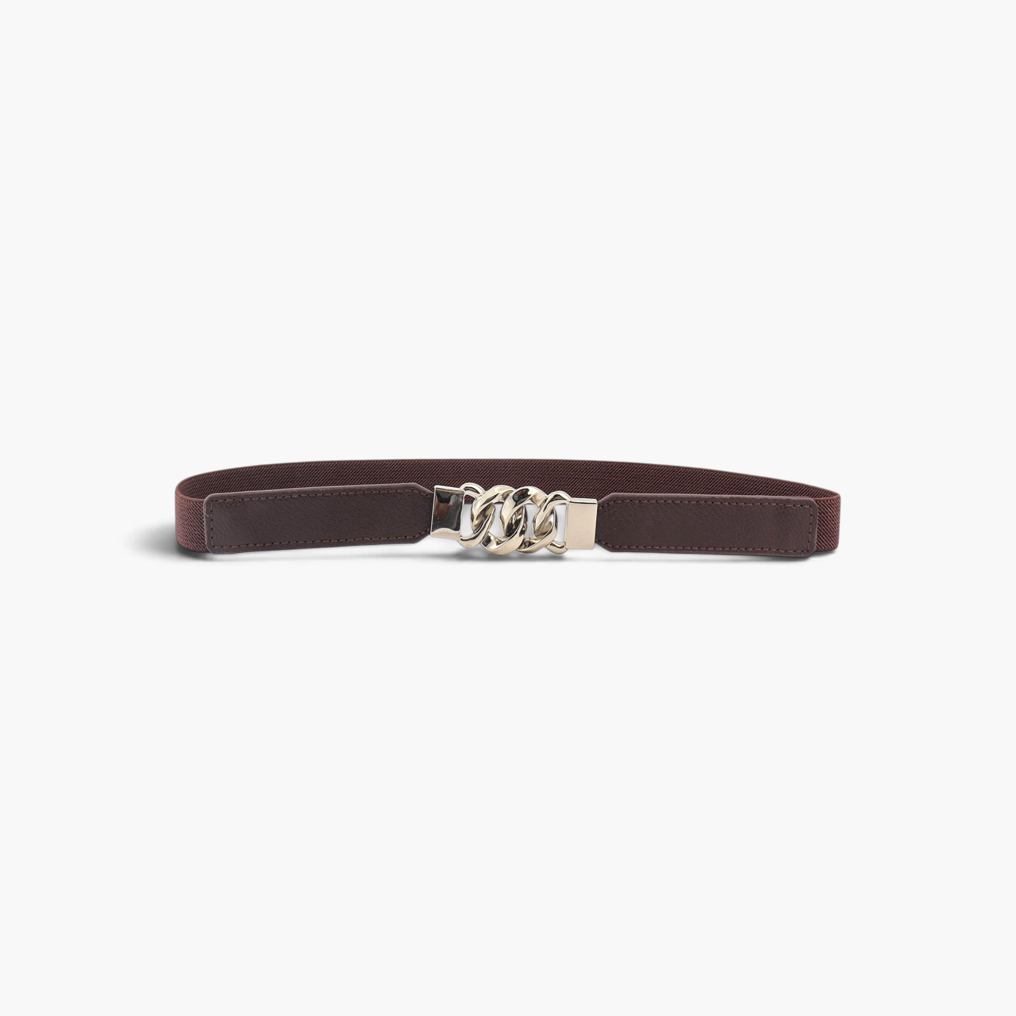 Beach Rose Co. slim brown stretch waist belt featuring stitched PU panels and a metallic chain-link buckle.