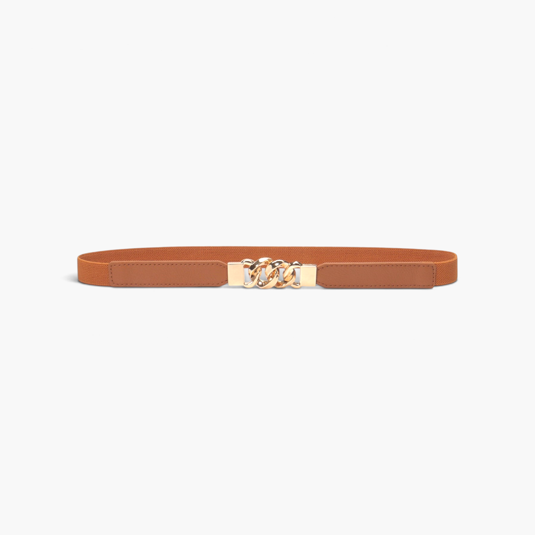 Beach Rose Co. slim brown stretch waist belt with a gold-tone chunky chain-link buckle and PU leather panels.