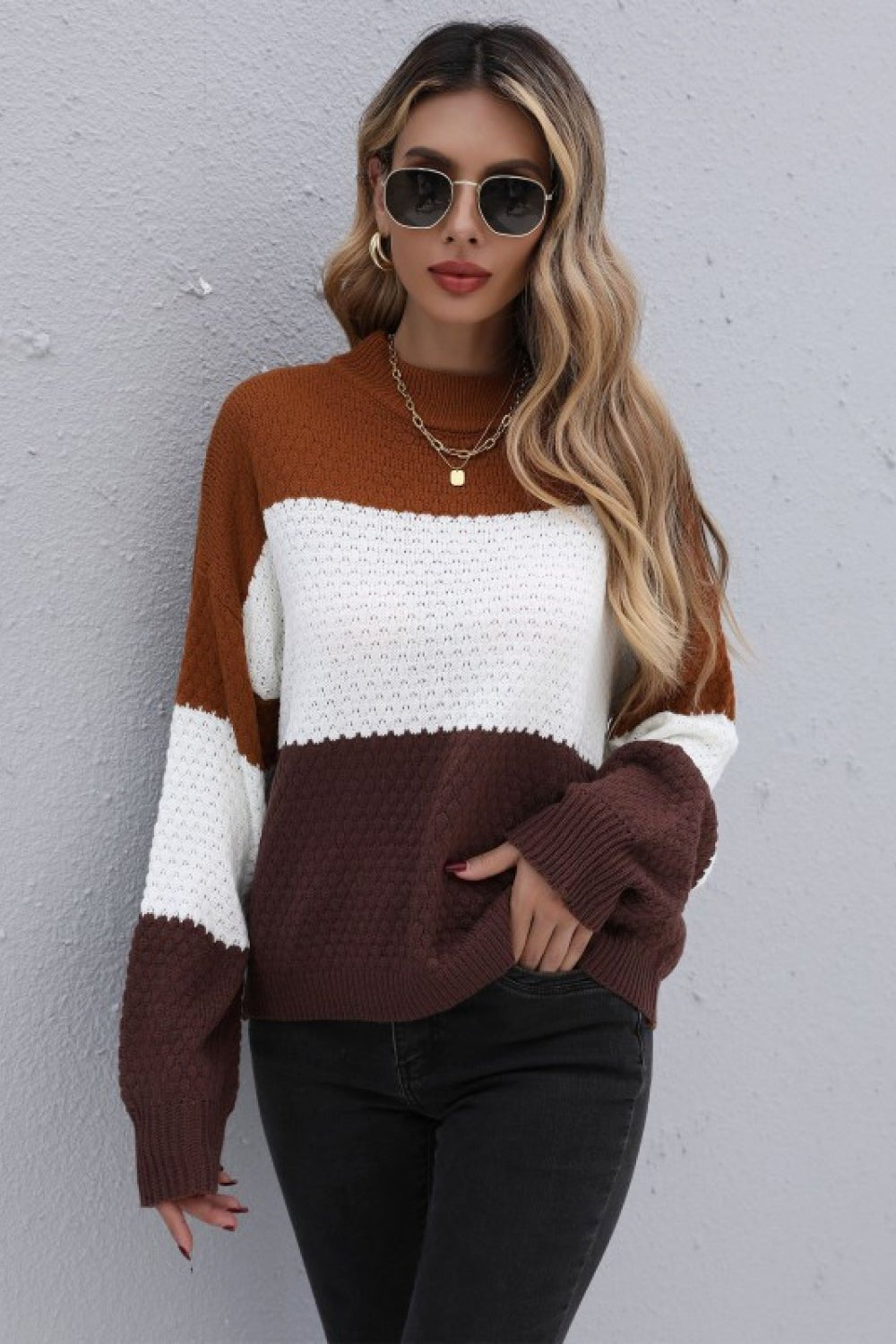 Beach Rose Co. - Brown Color Block Long Sleeve Sweater