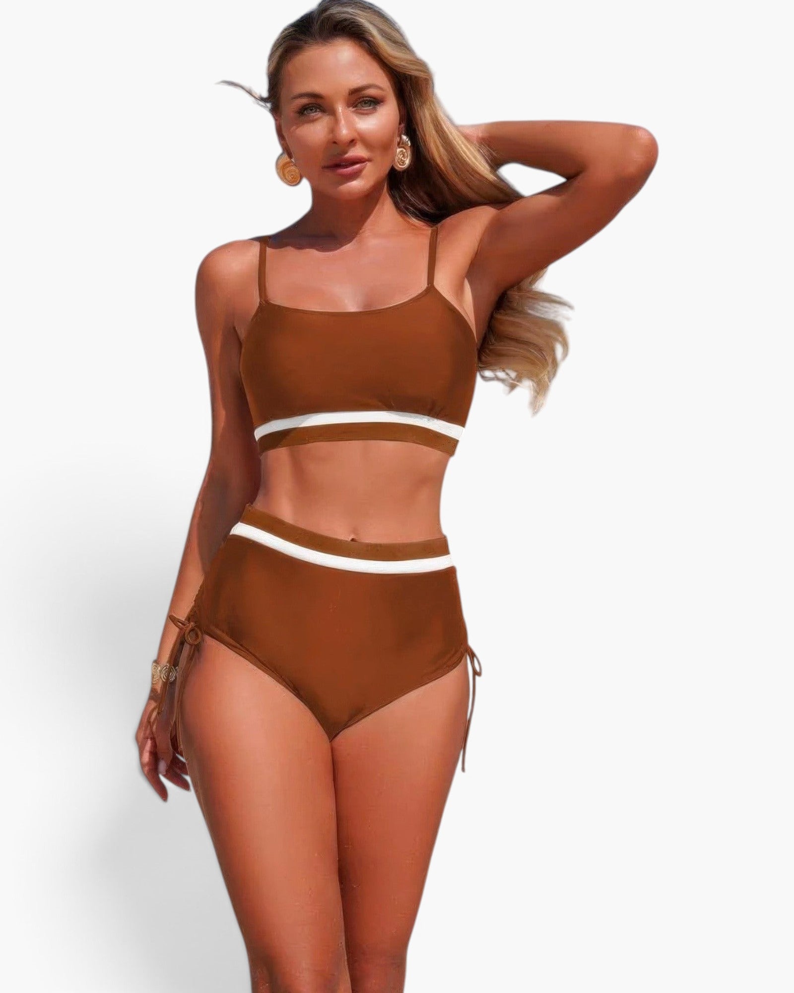 Beach Rose Co. brown two-piece bikini with white contrast trim and adjustable tie-up sides on a blonde model.