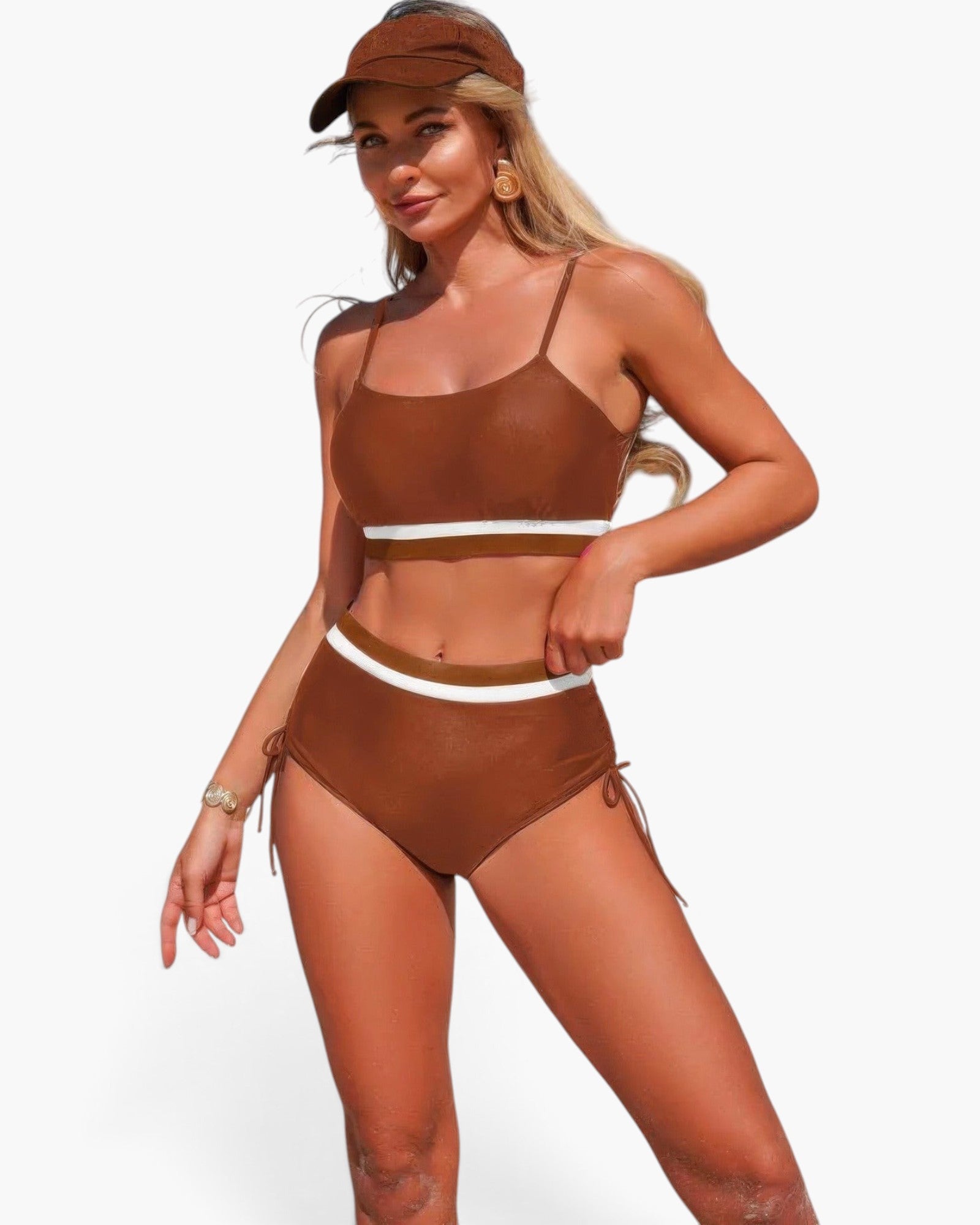 Beach Rose Co. brown two-piece bikini with white contrast trim, tie-up sides, and matching visor on a blonde model.