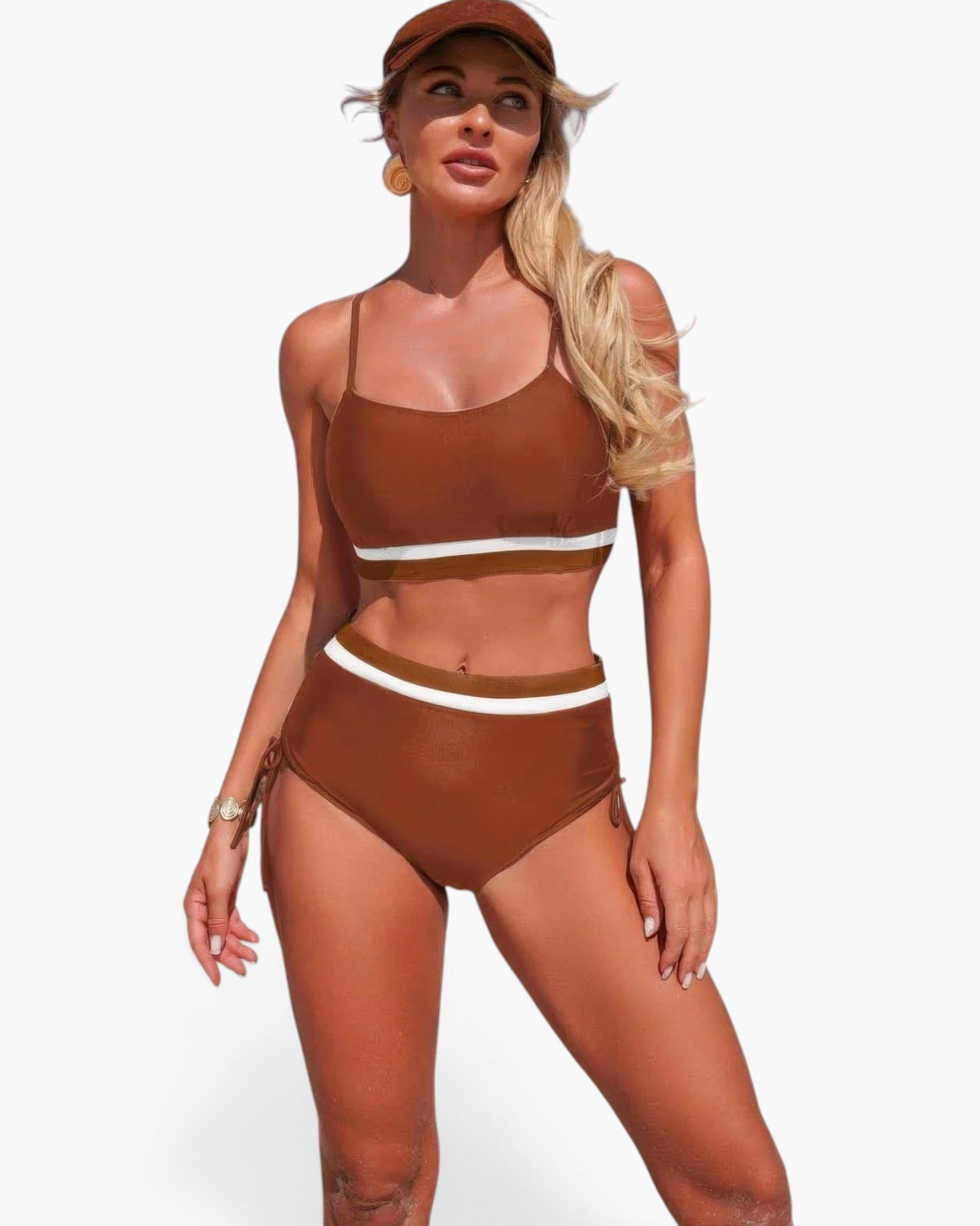Beach Rose Co. brown two-piece bikini with white contrast trim, adjustable tie-up sides, and matching baseball cap.