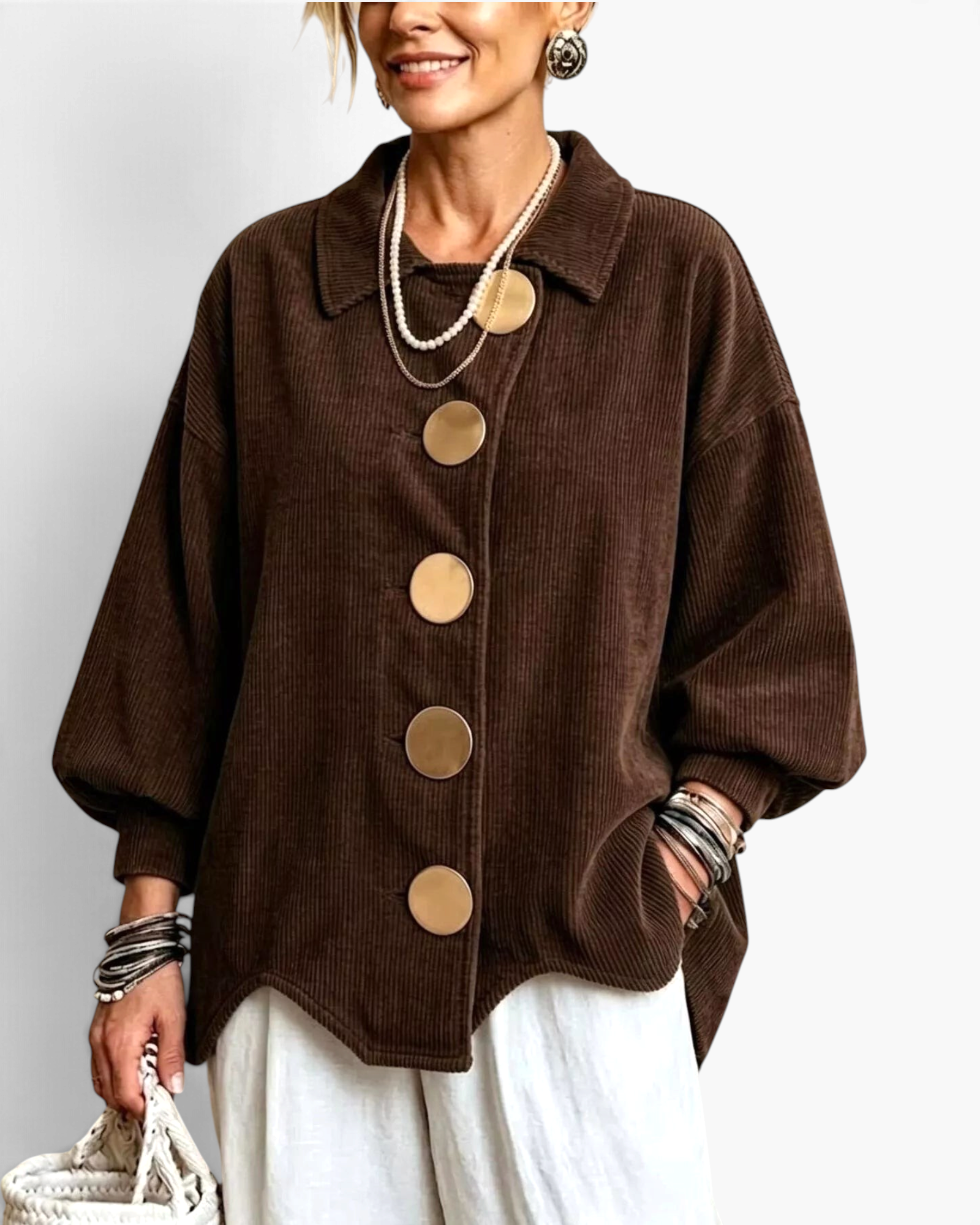 Beach Rose Co. brown corduroy shacket with oversized gold buttons, balloon sleeves, and a relaxed, collared fit.