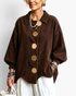 Beach Rose Co. brown corduroy shacket with oversized gold buttons, balloon sleeves, and a relaxed, collared fit.