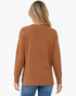 Back view of a Beach Rose Co. brown crewneck sweater with dropped shoulders, long sleeves, and side slits on a model.