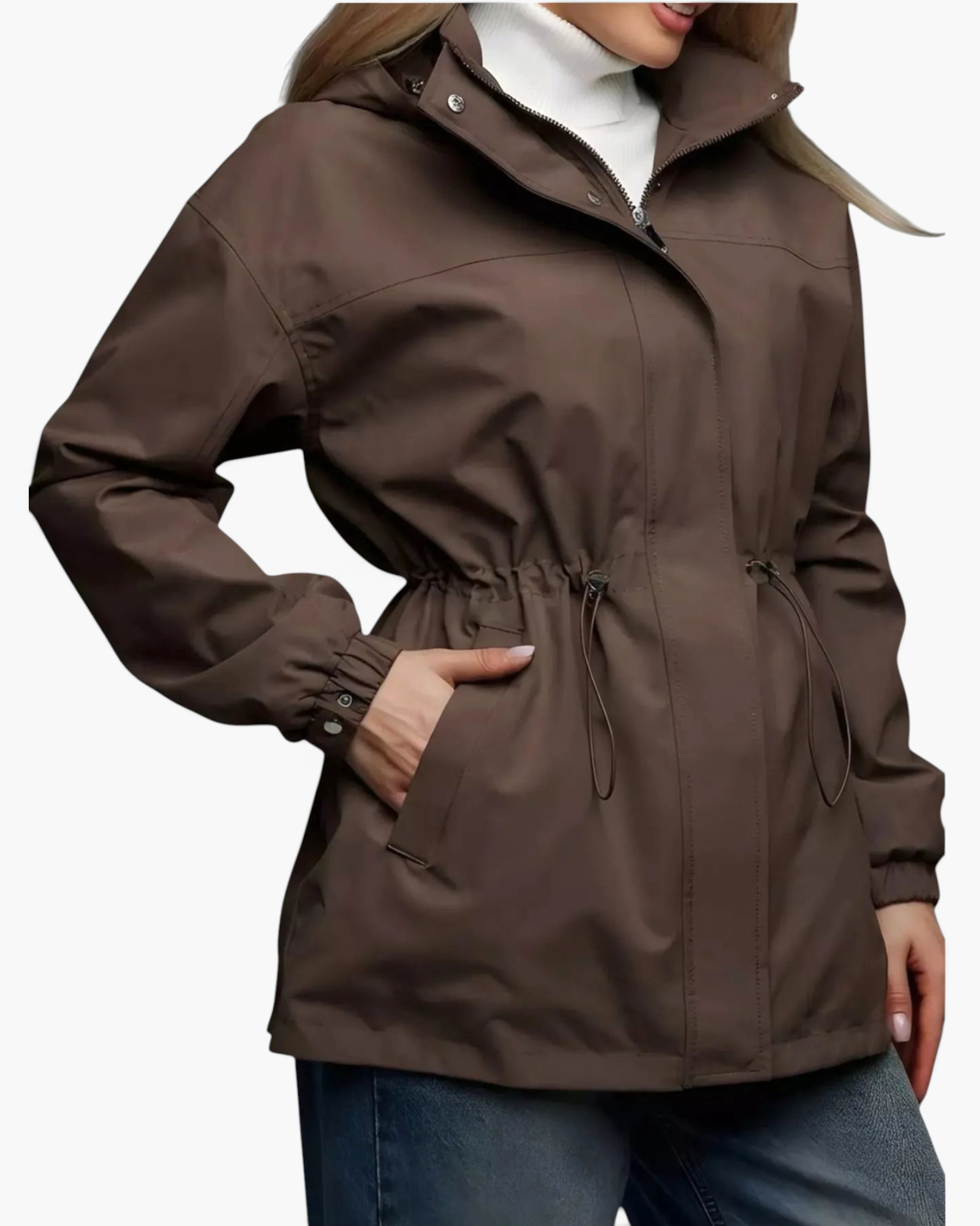 Beach Rose Co. brown hooded jacket with drawstring waist, zip front, and snap placket worn over a white sweater.