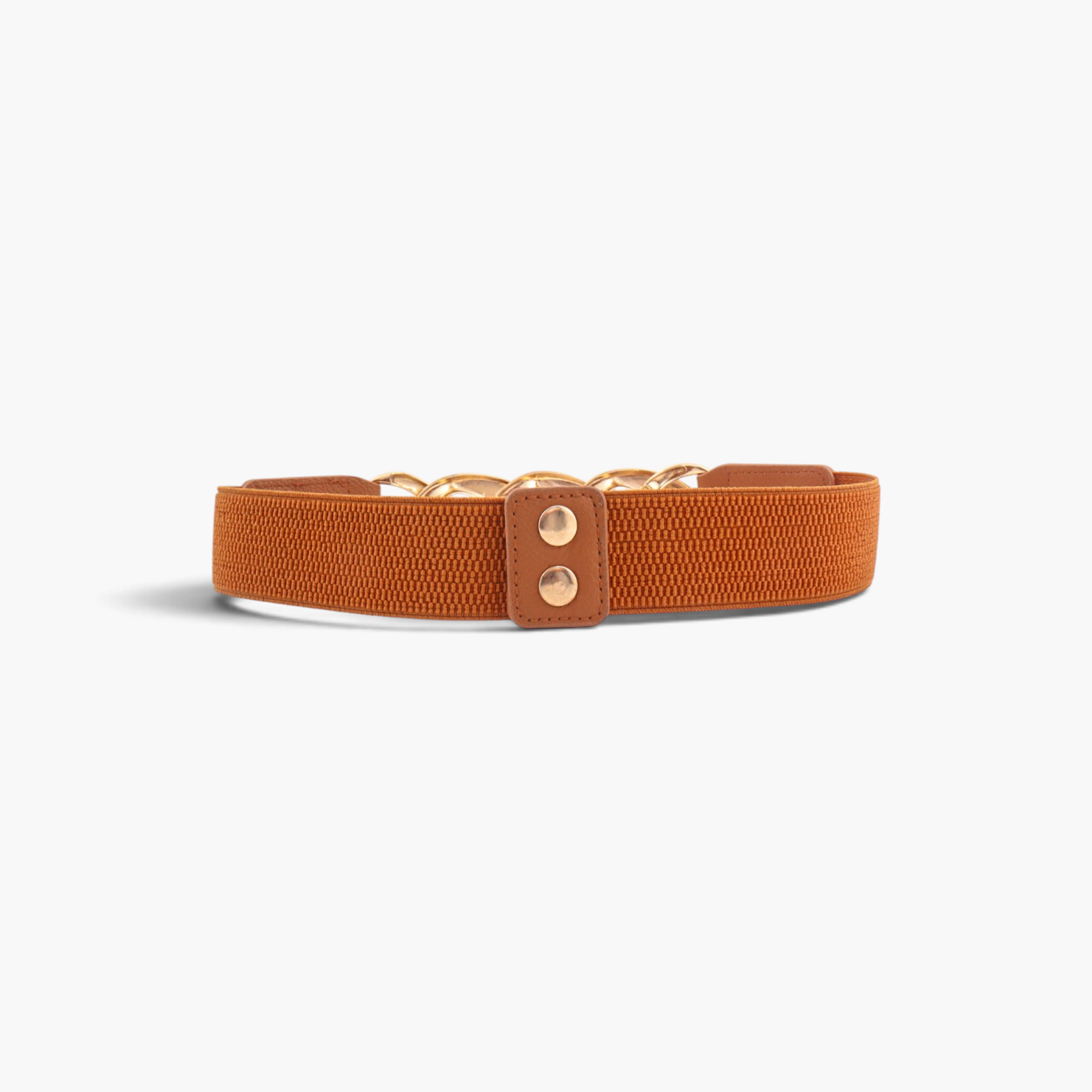 Beach Rose Co. brown elastic waist belt featuring an oversized gold curb-chain front and smooth PU snap closure tabs.