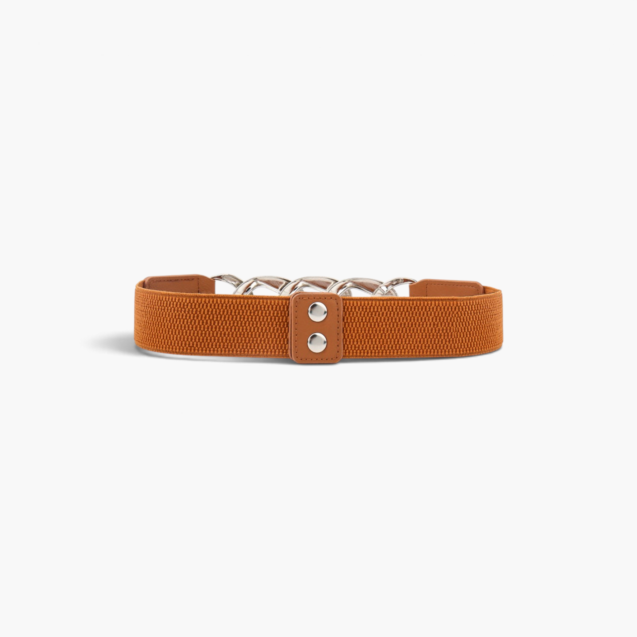 Beach Rose Co. brown elastic waist belt featuring oversized silver curb-chain links and smooth PU snap-button tabs.