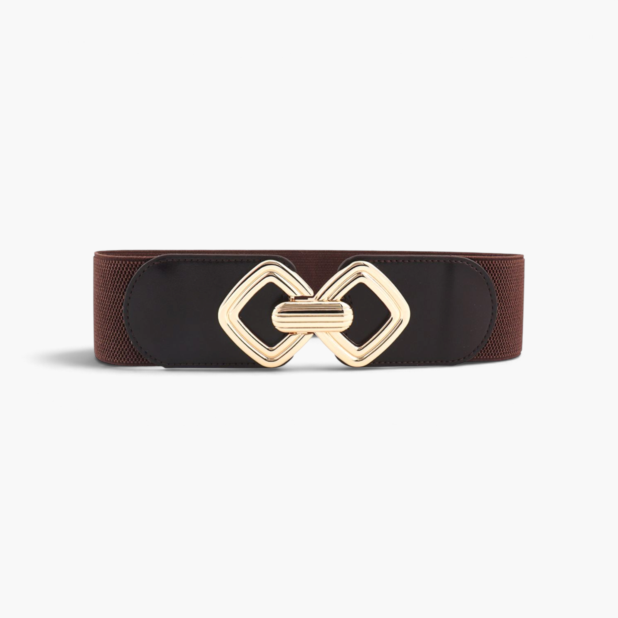 Beach Rose Co. brown elastic waist belt featuring a gold geometric double diamond buckle with ridged center detail.