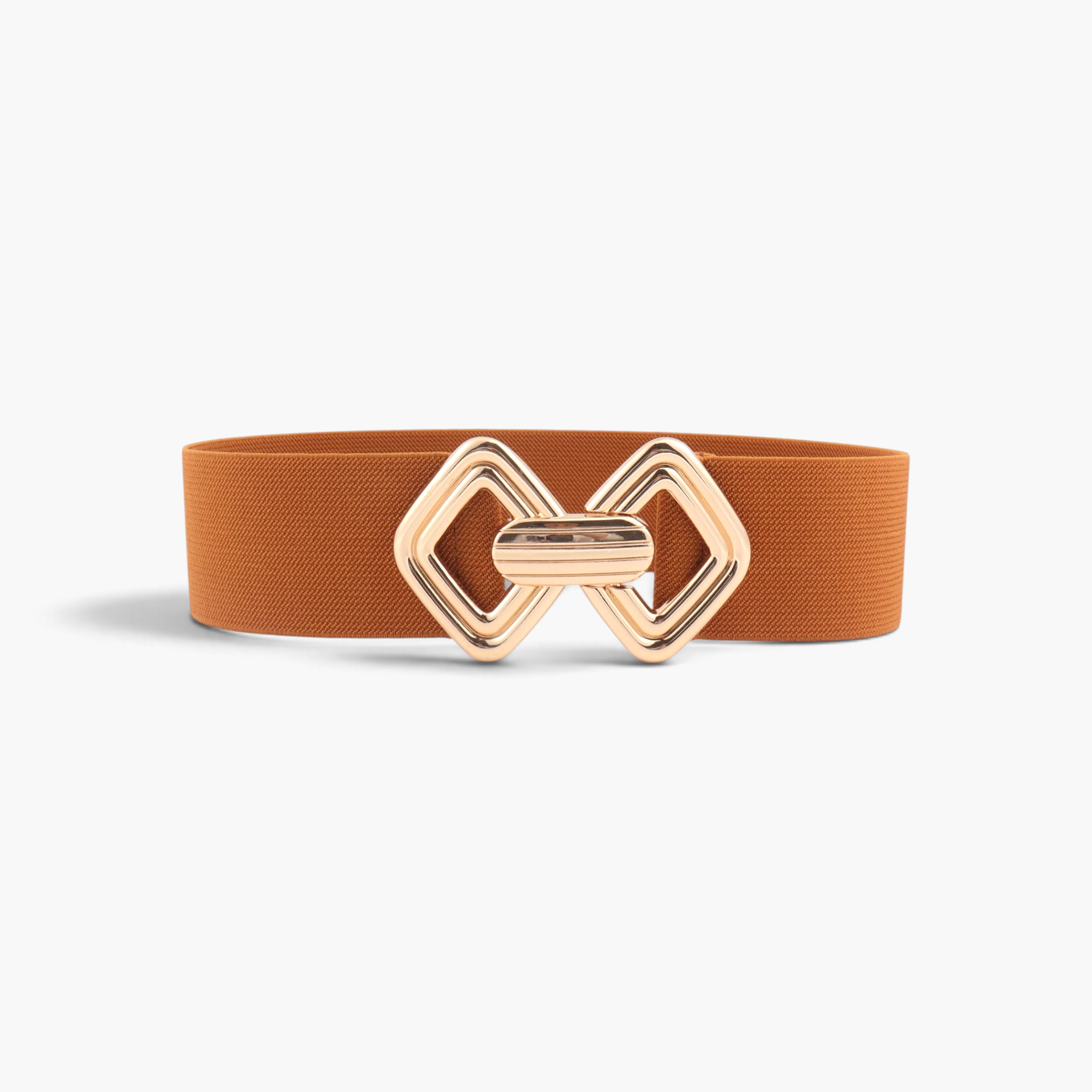 Beach Rose Co. brown elastic waist belt with a gold-tone geometric double diamond alloy buckle and ridged detail.