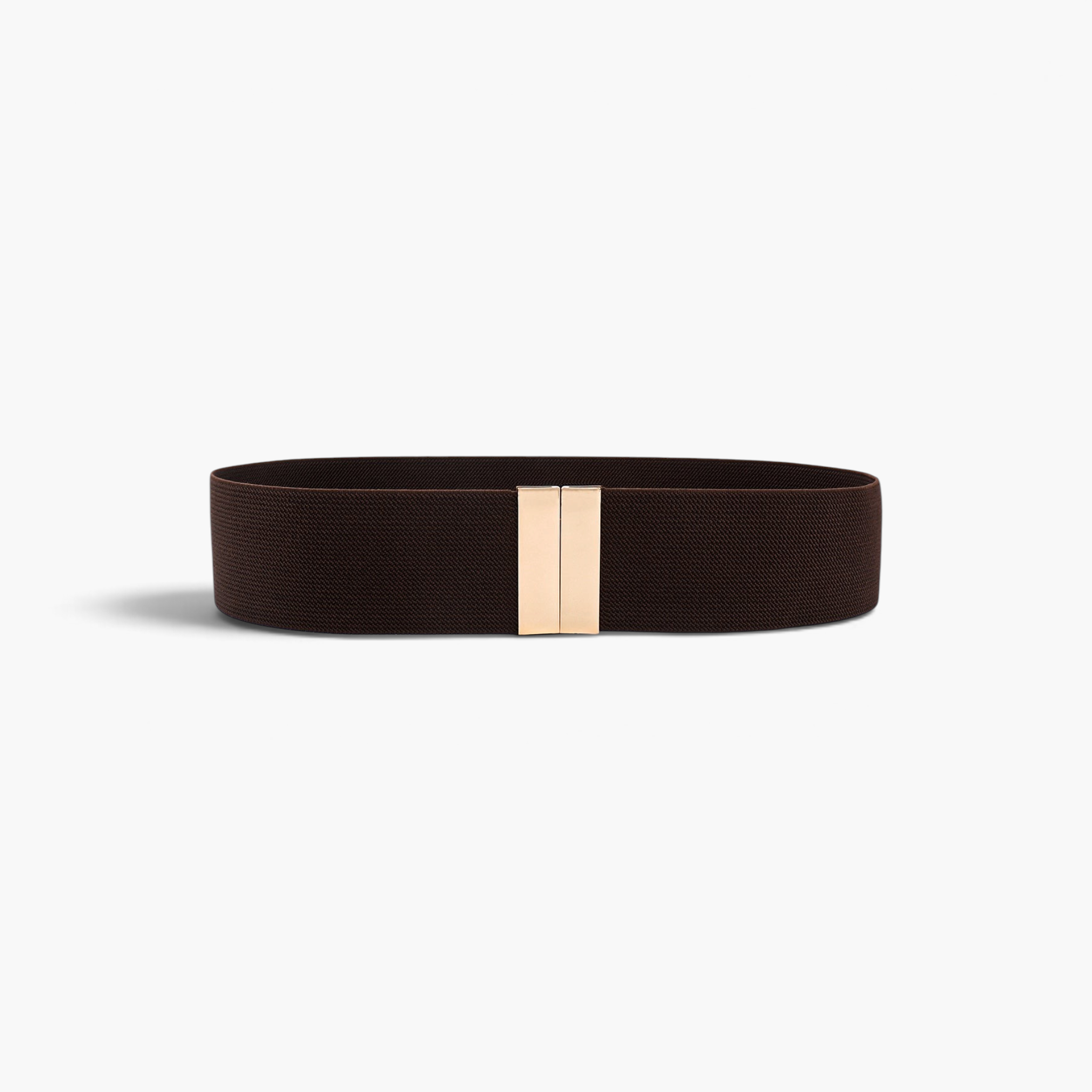 Beach Rose Co. wide brown elastic waist belt with a sleek rectangular gold-tone alloy clasp for a cinched fit.