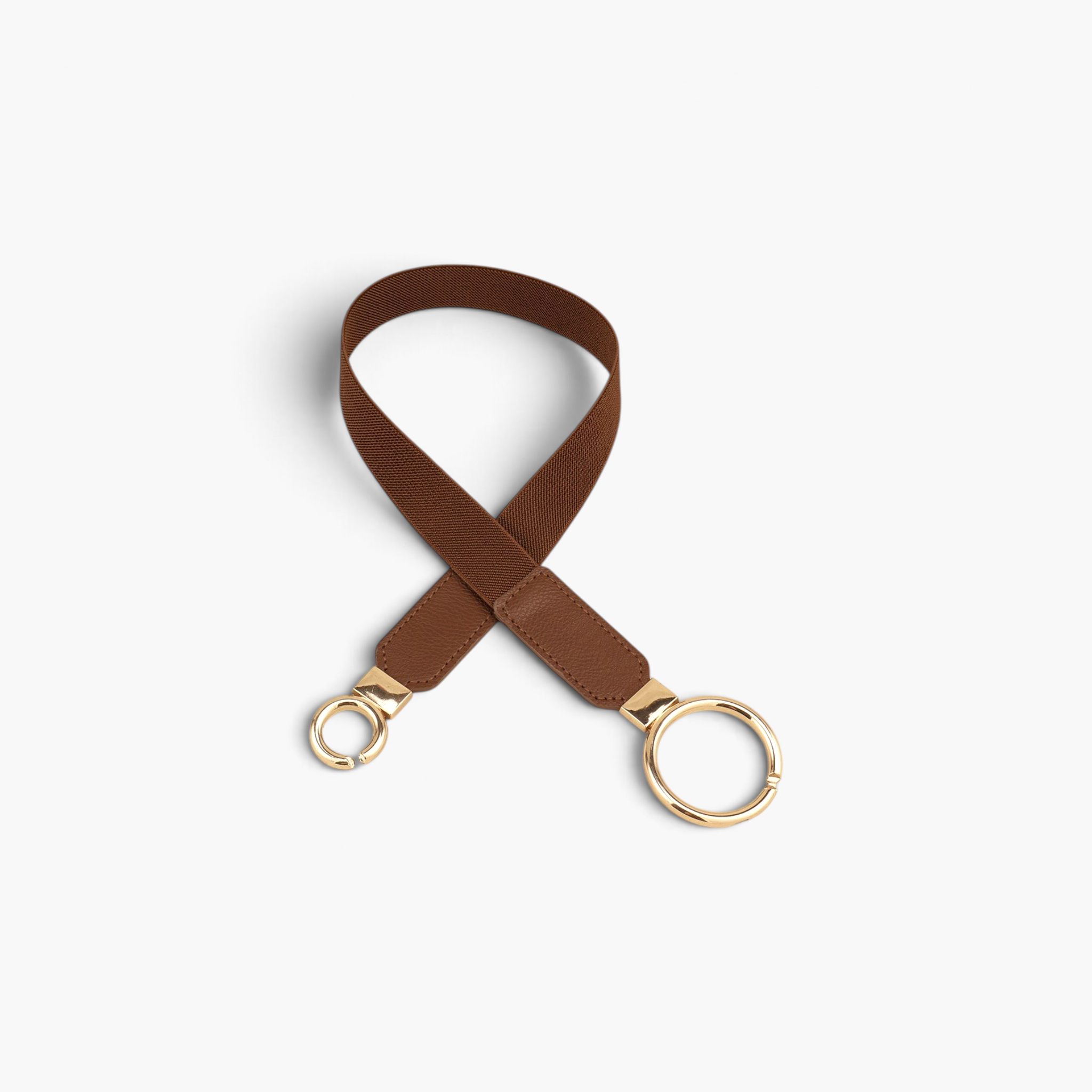 Beach Rose Co. brown slim elastic waist belt featuring an asymmetric double-ring gold alloy buckle and PU leather tabs.
