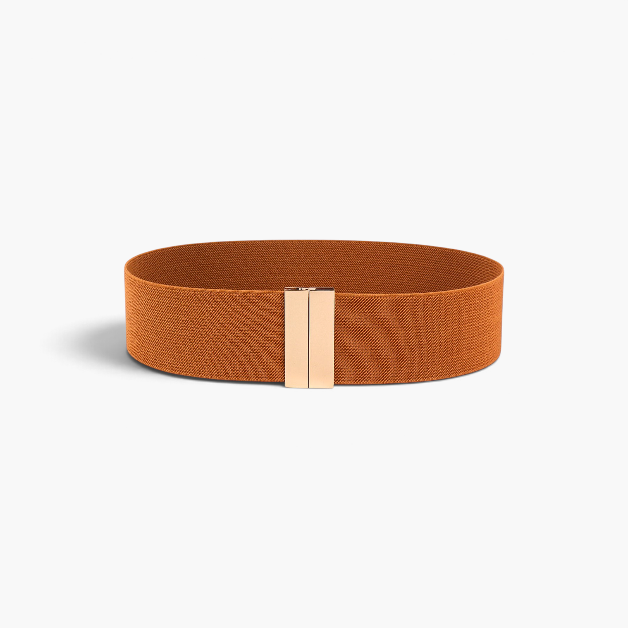 Beach Rose Co. wide brown elastic waist belt with a sleek rectangular gold-tone alloy clasp.