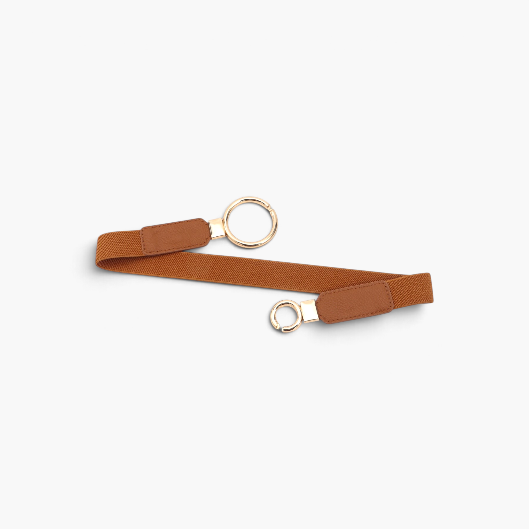 Beach Rose Co. brown slim elastic waist belt with an asymmetric gold double-ring buckle and stitched PU leather tabs.