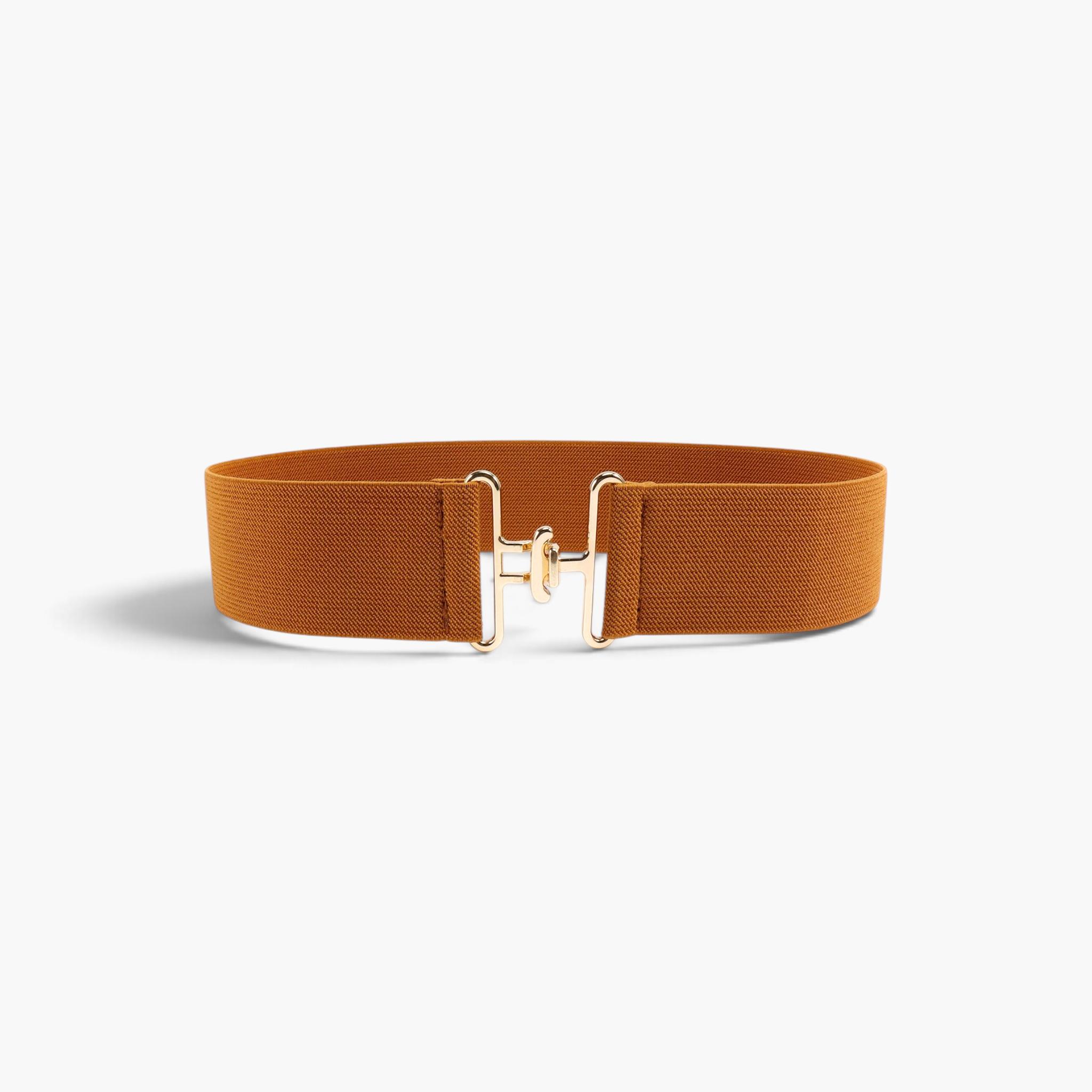Beach Rose Co. wide brown elastic waist belt with a gold-tone interlocking hook buckle and textured band.