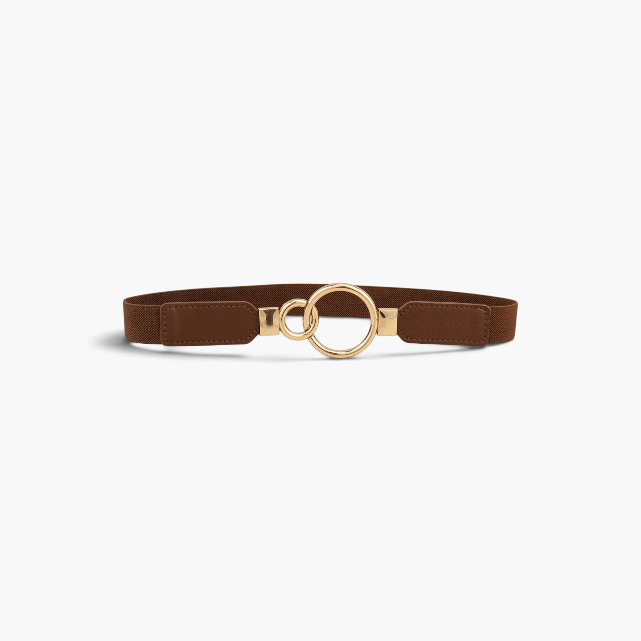 Beach Rose Co. brown slim elastic waist belt with an asymmetric gold-tone double-ring buckle and PU leather tabs.