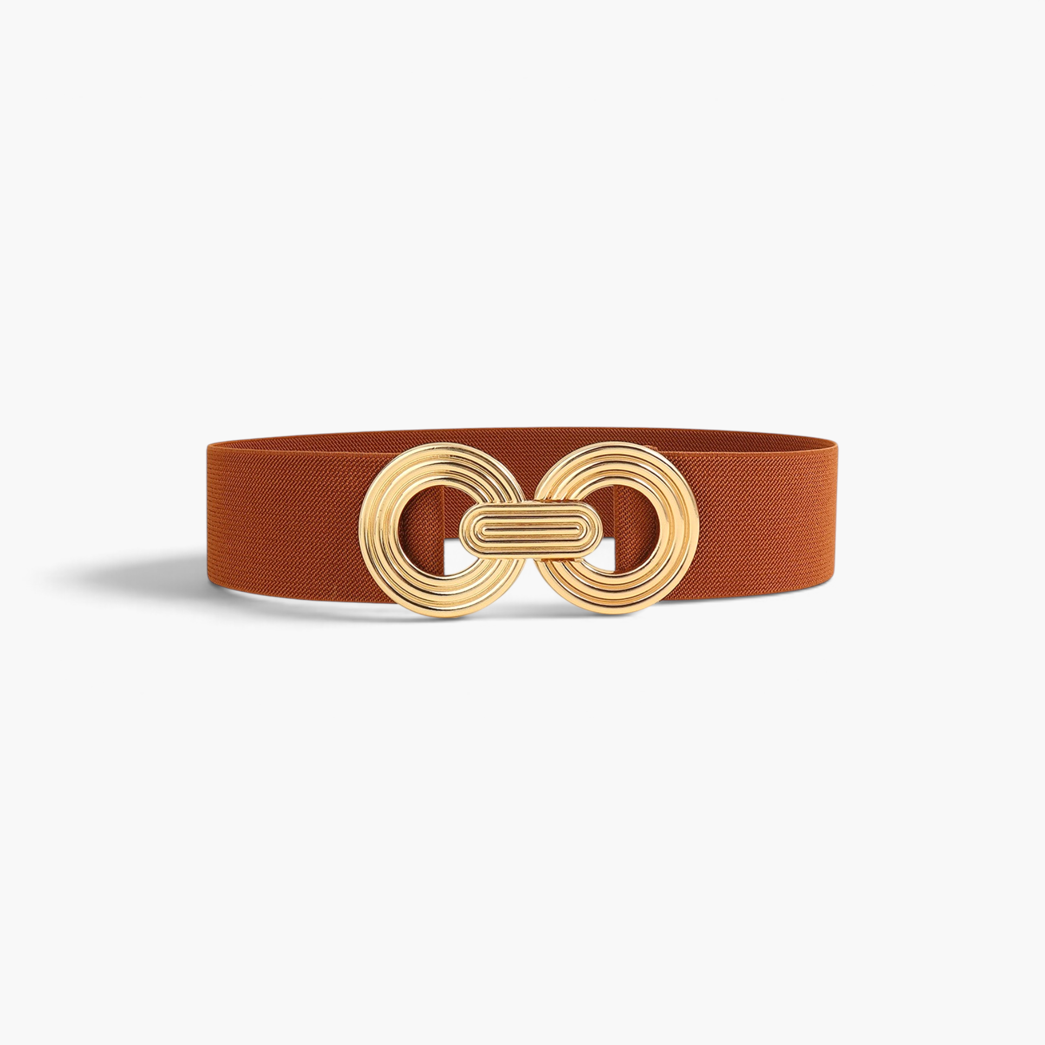 Beach Rose Co. wide brown elastic waist belt with a gold-tone double-circle alloy buckle and ridged detailing.