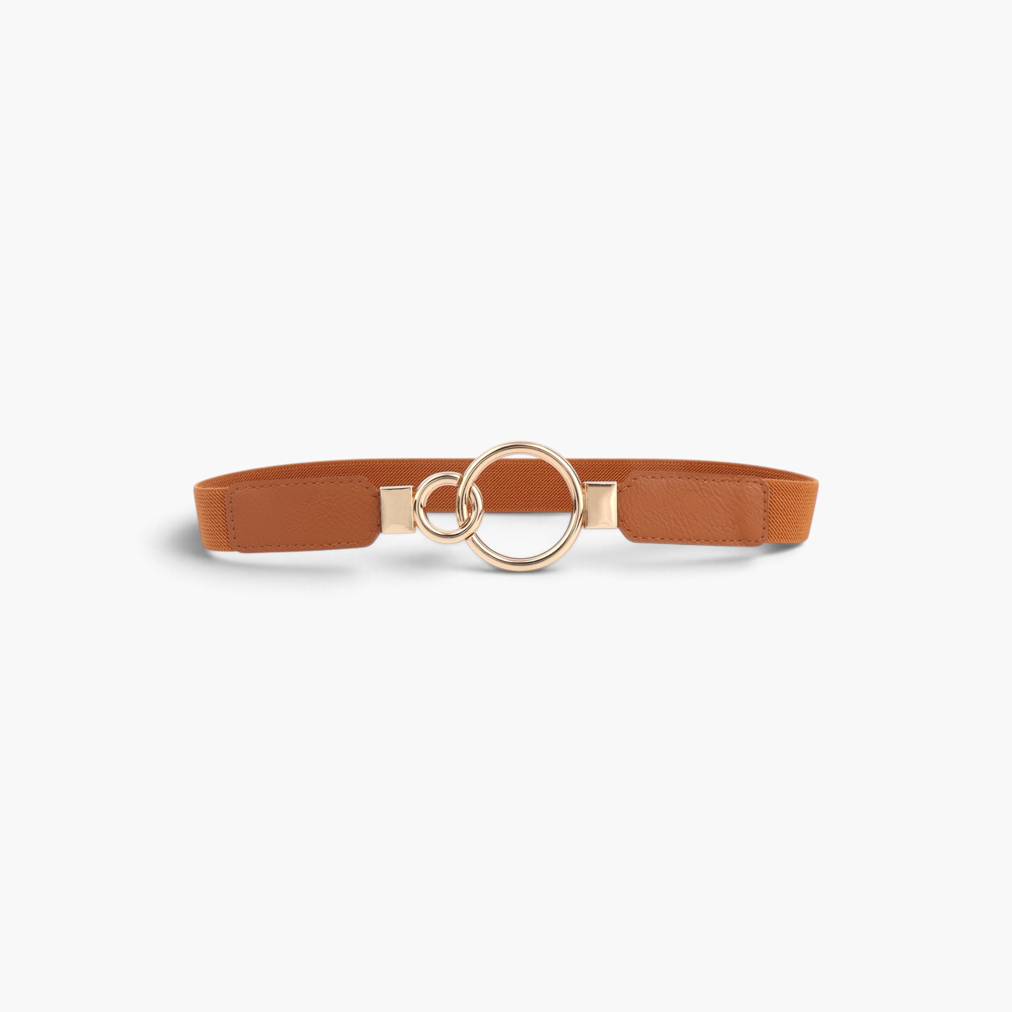 Beach Rose Co. slim brown elastic waist belt featuring an asymmetric double-ring gold alloy buckle and PU tabs.