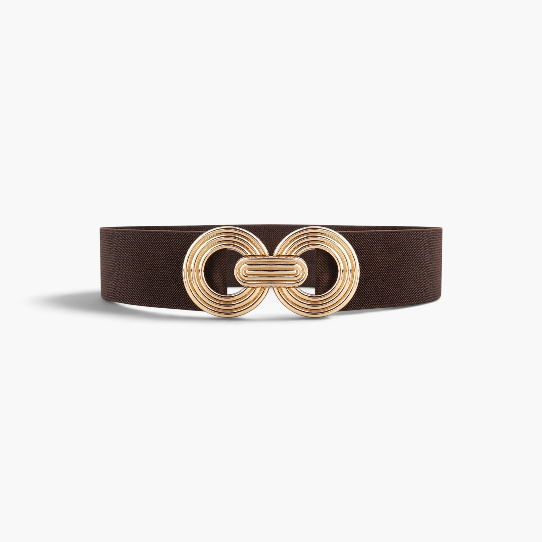 Beach Rose Co. brown elastic waist belt with a gold-toned double-circle alloy buckle featuring ridged detailing.