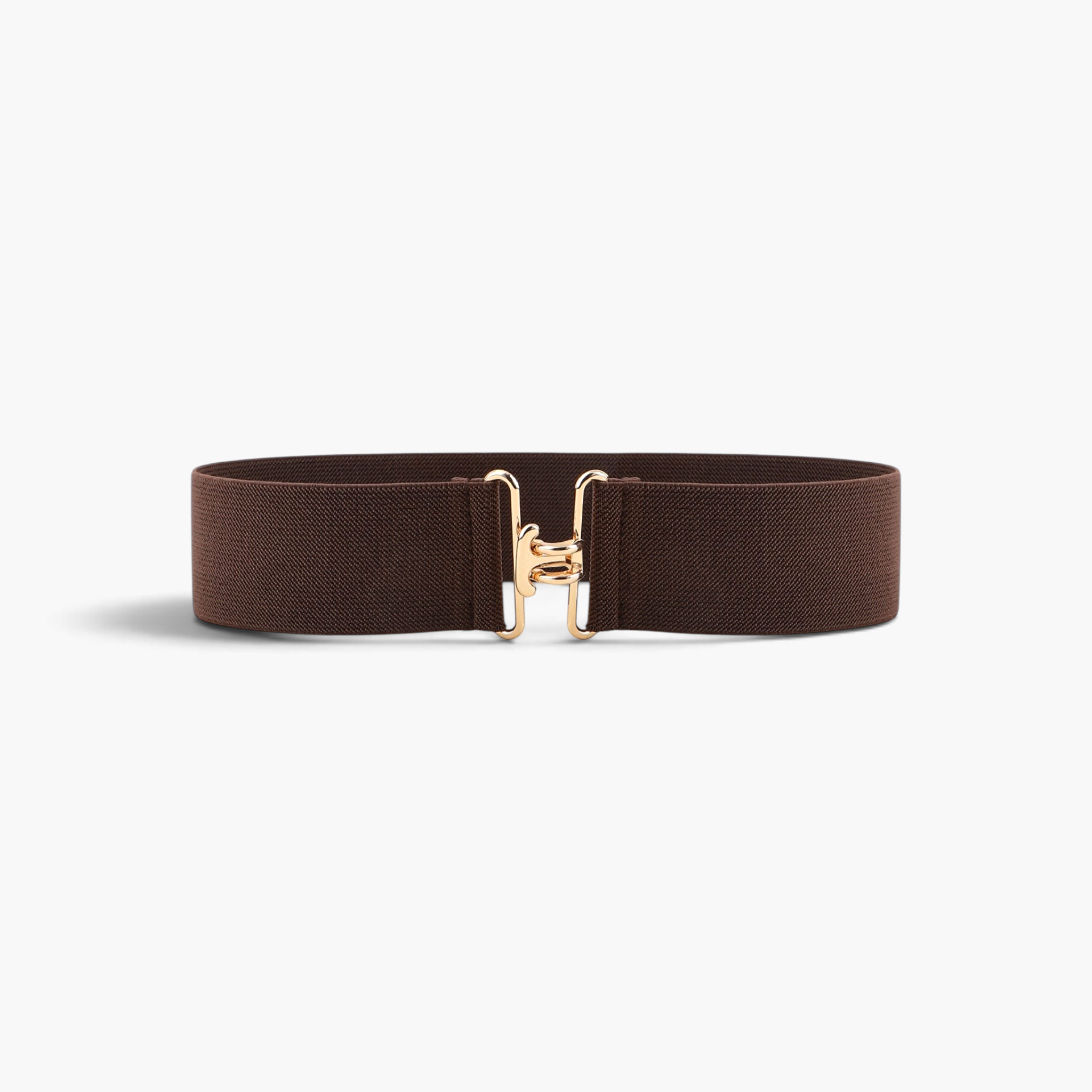 Beach Rose Co. wide brown elastic waist belt with a gold-tone interlocking hook buckle and textured fabric finish.