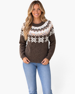 Beach Rose Co. brown and ivory Fair Isle knit sweater with colorful confetti flecks, worn by a smiling blonde woman.