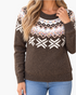 Beach Rose Co. brown knit sweater featuring an ivory Fair Isle pattern and colorful confetti flecks with a crew neck.