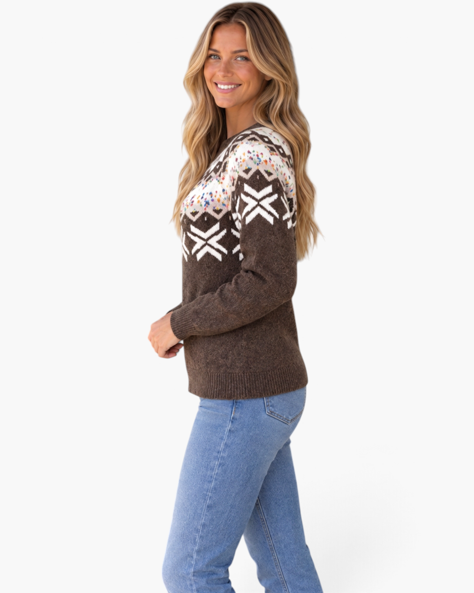 Beach Rose Co. brown knit sweater with ivory Fair Isle pattern and colorful confetti flecks worn by a smiling woman.