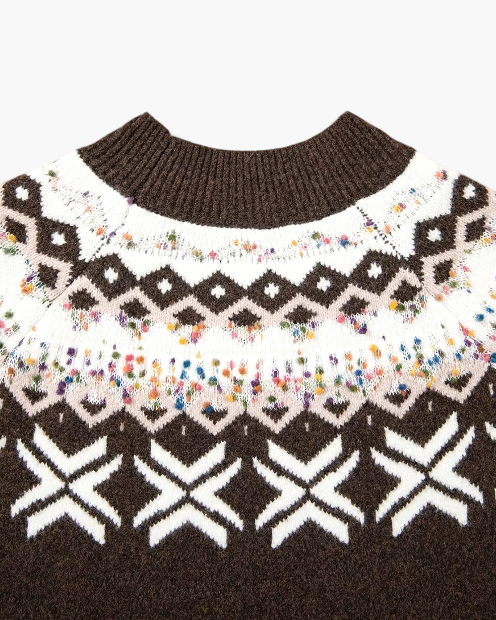 Beach Rose Co. brown Fair Isle crewneck sweater featuring a white geometric pattern and colorful confetti flecks.