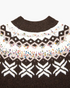 Beach Rose Co. brown Fair Isle crewneck sweater featuring a white geometric pattern and colorful confetti flecks.