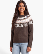 Beach Rose Co. brown Fair Isle crewneck sweater with colorful confetti flecks and geometric patterns on a smiling model