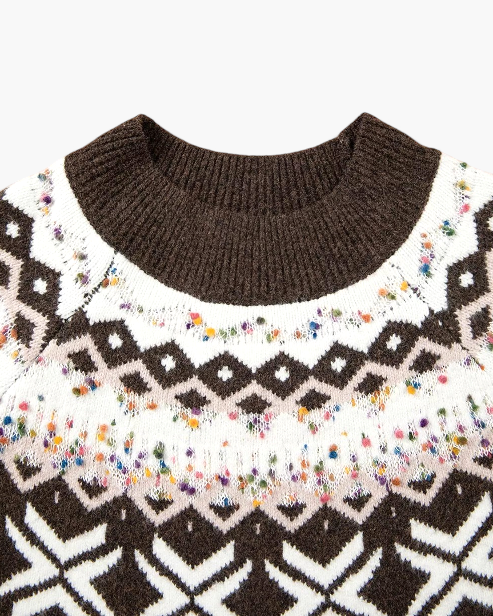 Beach Rose Co. brown Fair Isle crewneck sweater featuring a white knit pattern with colorful confetti flecks.