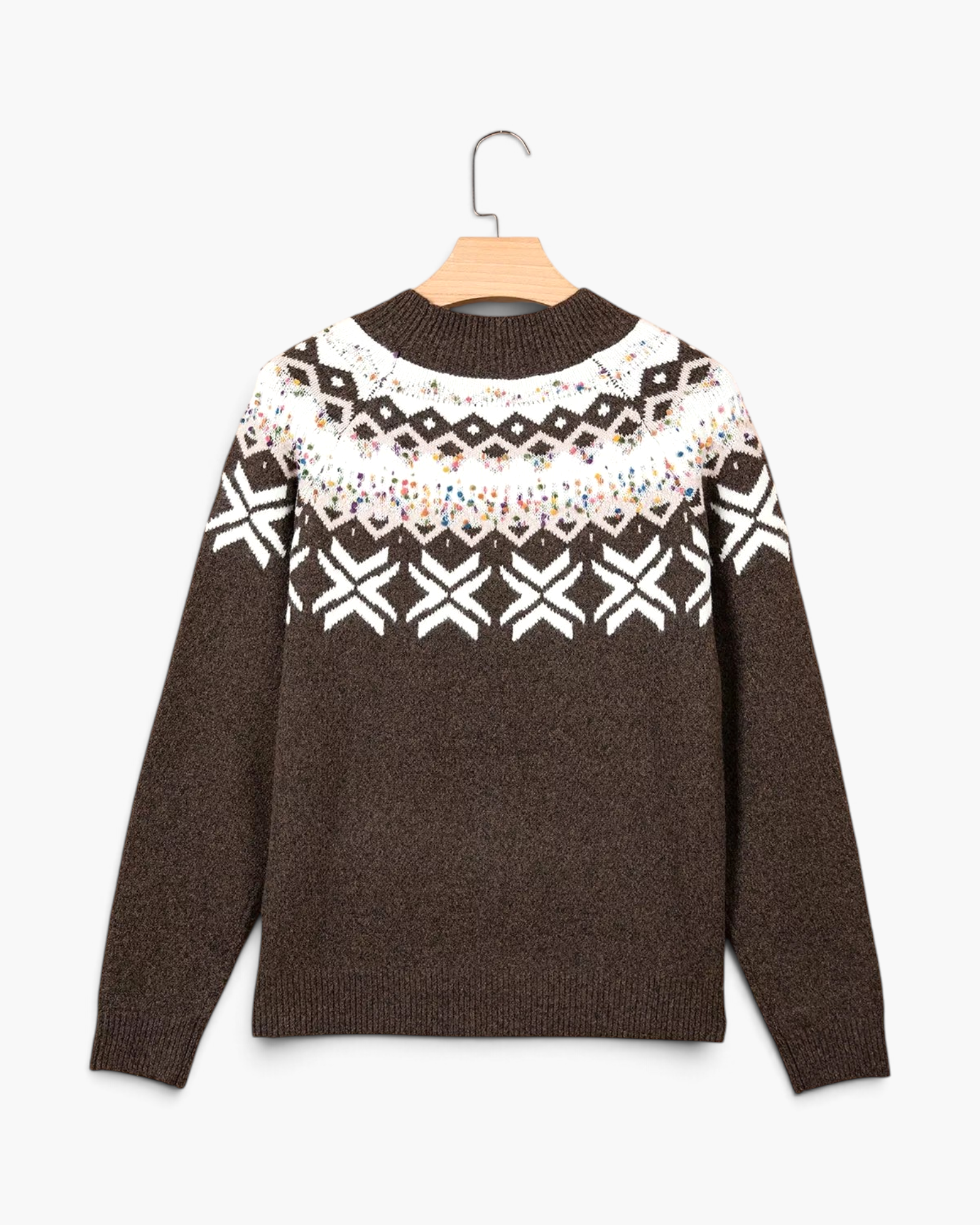Beach Rose Co. brown knit crewneck sweater featuring a white Fair Isle pattern and colorful confetti fleck details.