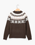 Beach Rose Co. brown knit crewneck sweater featuring a white Fair Isle pattern and colorful confetti fleck details.