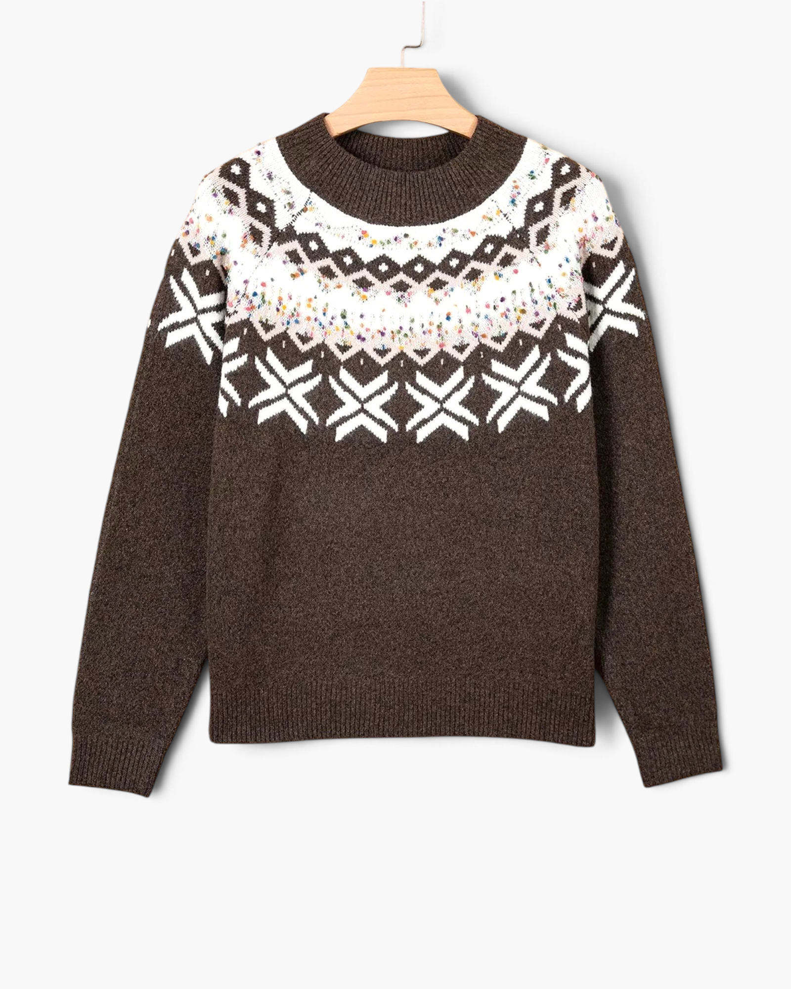 Beach Rose Co. brown knit crewneck sweater featuring a white Fair Isle pattern and colorful confetti fleck details.