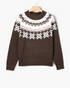 Beach Rose Co. brown knit crewneck sweater featuring a white Fair Isle pattern and colorful confetti fleck details.