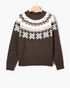 Beach Rose Co. brown crew neck sweater featuring an ivory Fair Isle pattern and colorful confetti flecks.