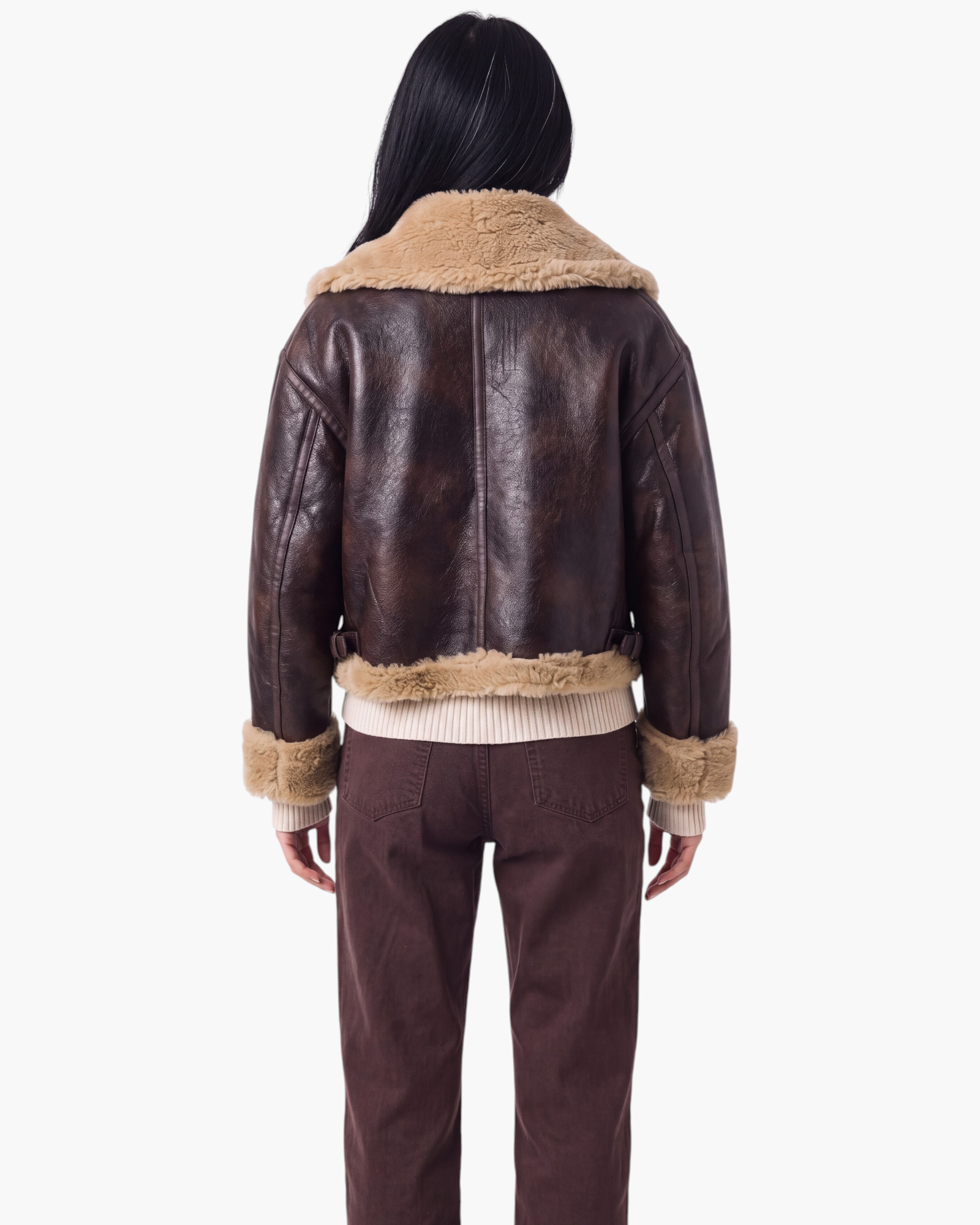 Beach Rose Co. brown faux leather aviator jacket with tan faux shearling trim, back view.
