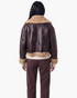 Beach Rose Co. brown faux leather aviator jacket with tan faux shearling trim, back view.
